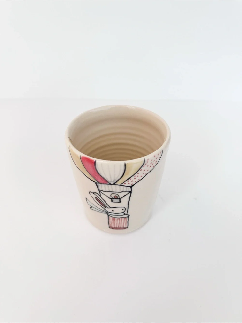 Handmade Pottery Tumbler Hot Air Balloon Bunny Illustrated Cup Artist Signed